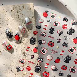 Cute Lovely Red Apple Core Black Kitten Cat's Paw Bread Slices Fruit Star Soft Relief Adhesive Nail Art Sticker Manicure Decals (ONLINE ORDER ONLY)