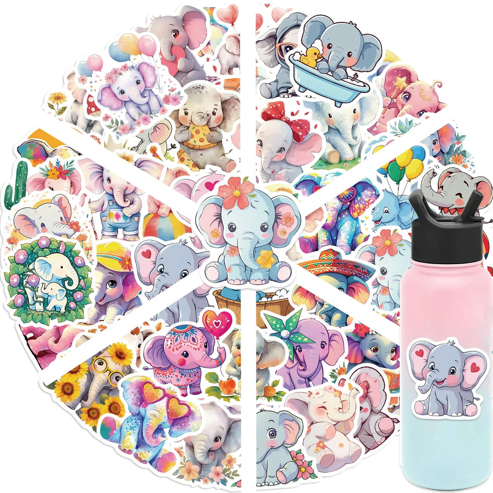 50pcs Elephant Stickers Pack Cute Animal Stickers Kawaii Stickers for Water Bottles Laptop Luggage Cartoon Waterproof Sticker (Online Order Only)
