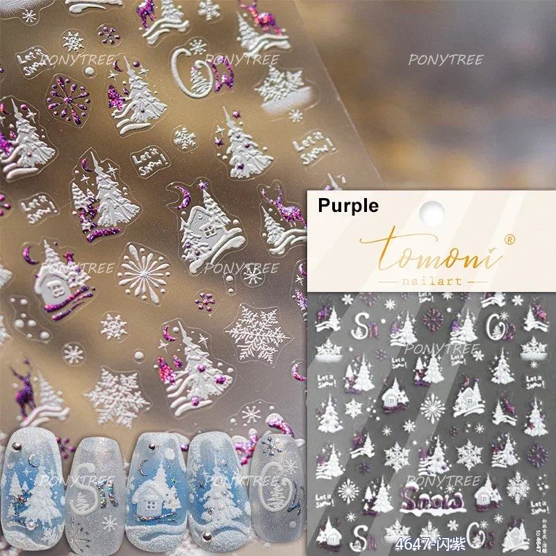 Snowman Tree House Cedar White Pine Forest Warm Winter Cloud Self Adhesive Nail Art Stickers Snowflake Star Snow Manicure Decals (ONLINE ORDER ONLY)
