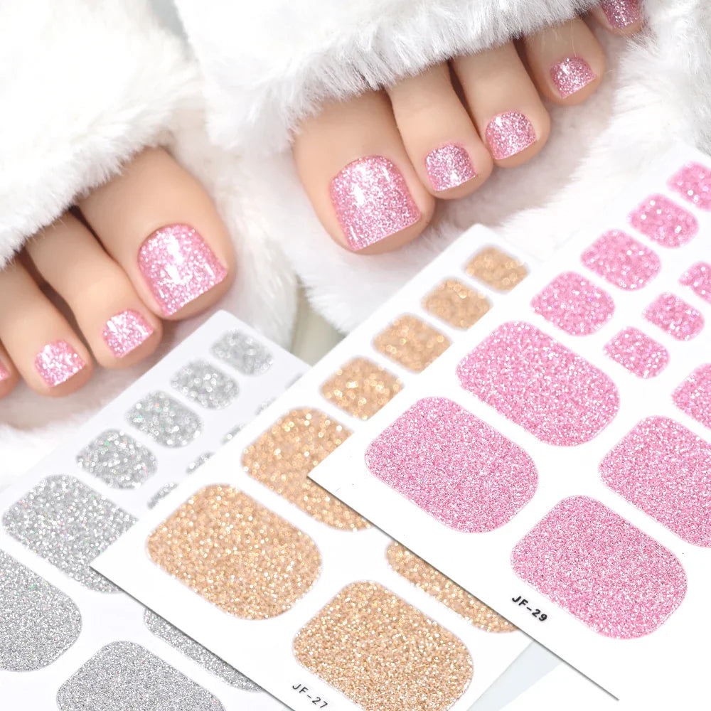 22Tips Pink Red Glitter Design Baking-free Toenail Stickers Solid Color Adhesive Full Cover Toe Nail Strip Slider Manicure Decal (ONLINE ORDER ONLY)