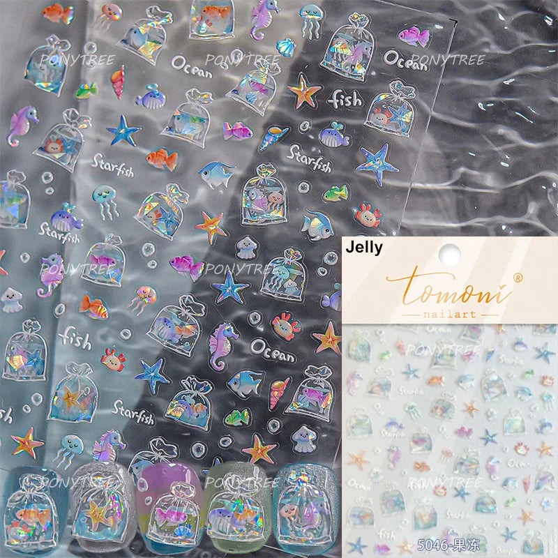 Bagful Brocaded Carp Goldfish Jellyfish Water Bubbles Seahorse Ocean Starfish Whale Adhesive Nail Art Stickers Manicure Decals (ONLINE ORDER ONLY)