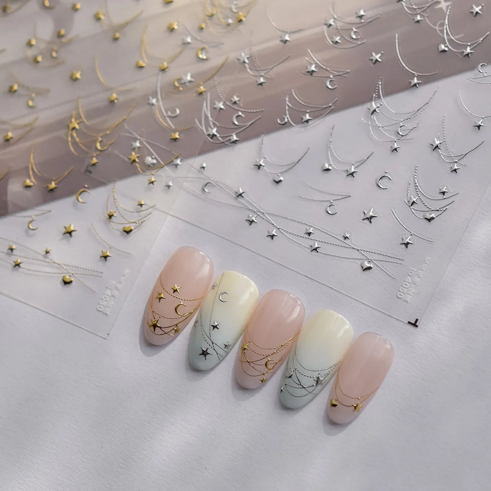 Star Moon Love Heart Curved Line Arc Dreamy Necklace Hanging in The Air Starry Night Adhesive Nail Art Stickers Manicure Decals (ONLINE ORDER ONLY)