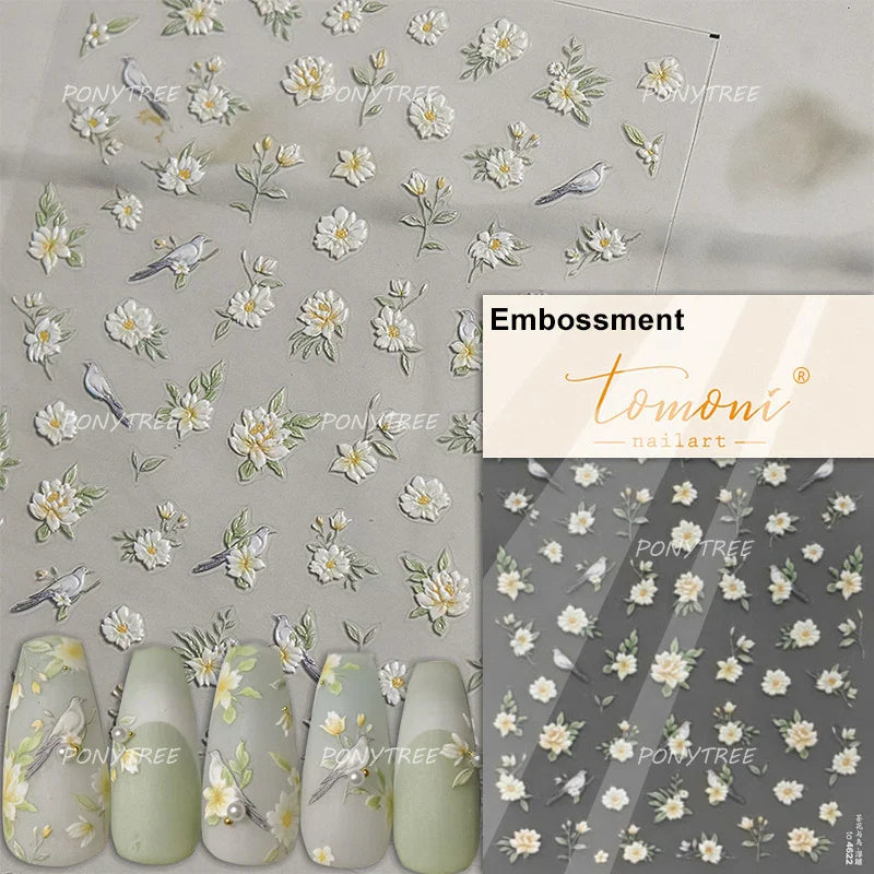 Antique Changle Flower Chrysanthemum Jade Pendant Feathers Green Leaf Adhesive Nail Art Stickers Flat Embossment Manicure Decals (Online Order Only)