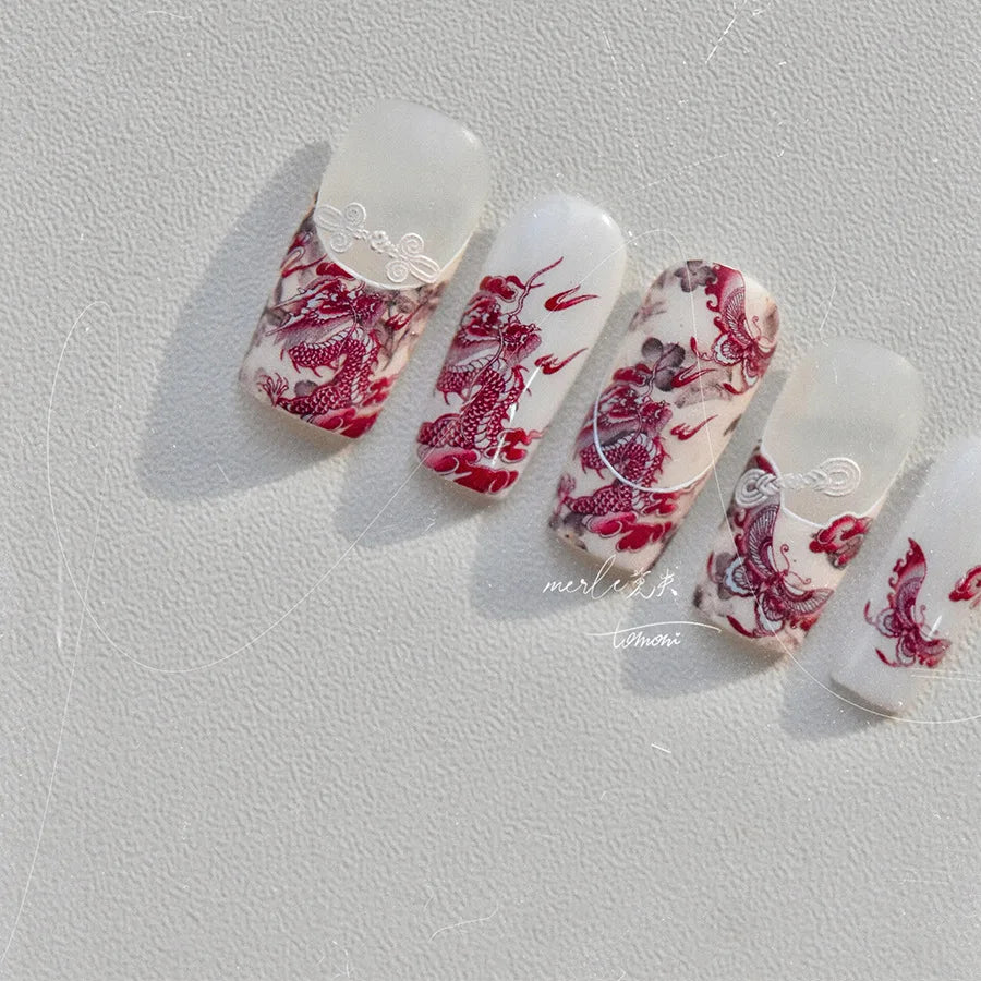 Retro Embroidered Dragon Red Pink Blue White Porcelain Chinese 3D Embossed Relief Self Adhesive Nail Art Stickers Manicure Decal (ONLINE ORDER ONLY)