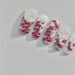 Retro Embroidered Dragon Red Pink Blue White Porcelain Chinese 3D Embossed Relief Self Adhesive Nail Art Stickers Manicure Decal (ONLINE ORDER ONLY)
