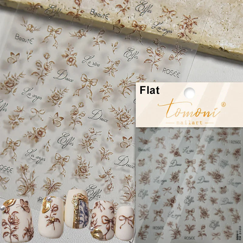 Brown Blue White Hand Drawn Sketch Plants Leaves Bowknot Butterfly Flowers Adhesive Nail Art Decoration Stickers Manicure Decals (Online Order Only)