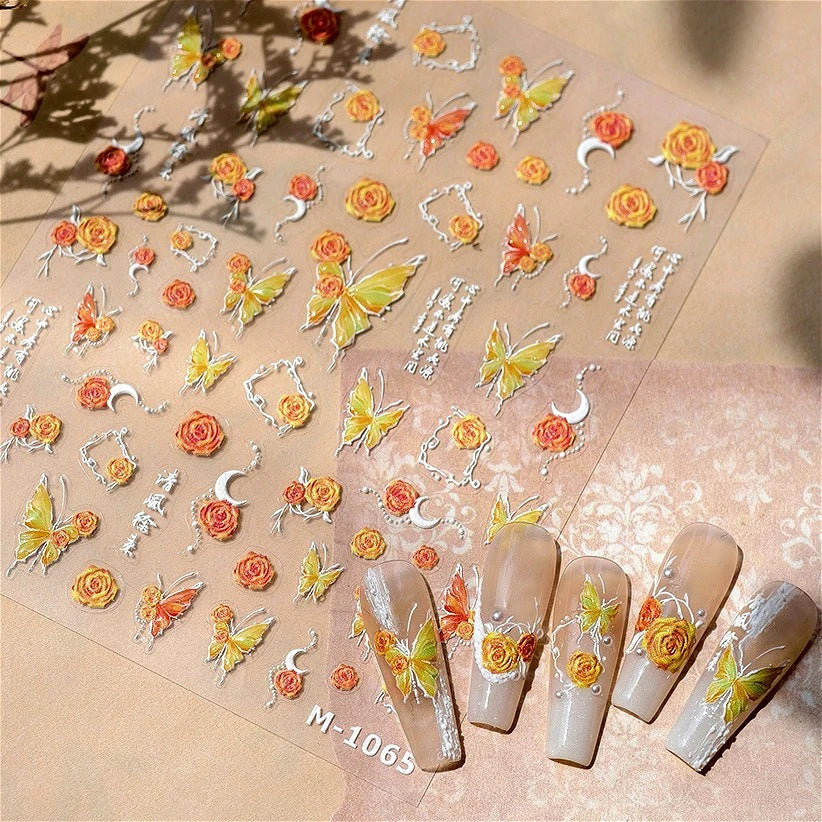 Gradual Asymmetric Butterfly Rose Flower Moon Ancient Poem 5D Reliefs Self Adhesive Nail Stickers JellyManicure Decals Wholesale (Online Order Only)