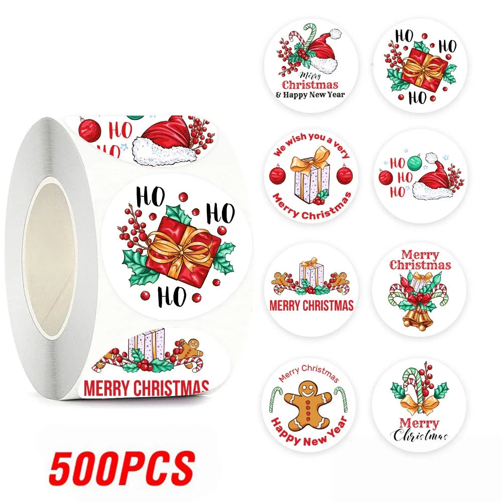 100-500pcs Merry Christmas Sticker , Round Adhesive Decoration Sticker for Cards Envelope Seal Xmas Gift Wraps Box Bags (ONLINE ORDER ONLY)