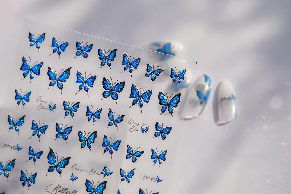 Charming Delicate Sapphire Color Blue Black Stroke Butterfly Jelly Relief Rhinestone Adhesive Nail Art Stickers Manicure Decals (Online Order Only)