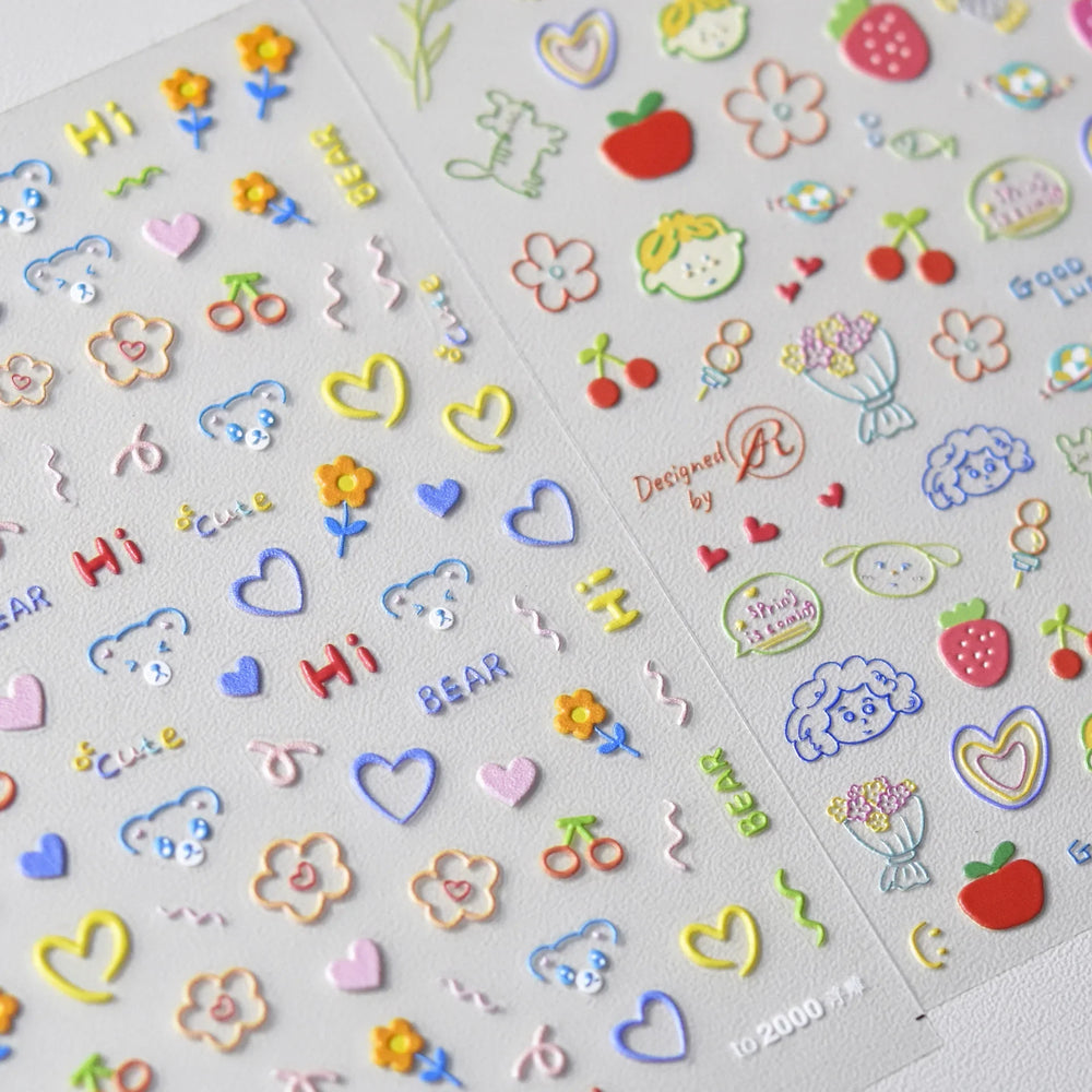 Cute Graffiti Cartoon Line Cherry Bear Cat Flower Bouquet Fish Boys Girls Strawberry Reliefs Nail Art Stickers Manicure Decals (ONLINE ORDER ONLY)