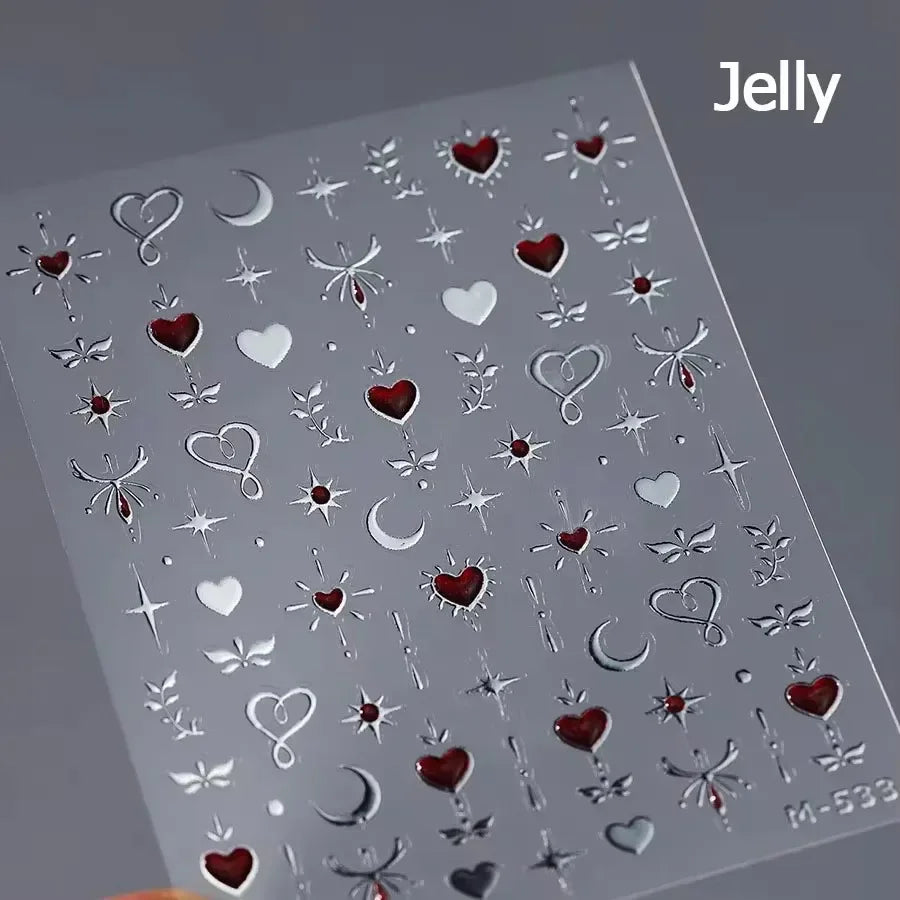 Flat Small Pink Brown Halo Dyeing Love Heart Geometric Leopard Shiny Jelly Chic Embossed Relief Nail Art Stickers Manicure Decal (Online Order Only)