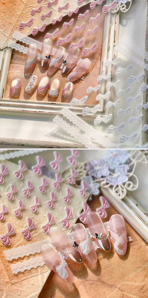 Pink White Bowknot Jelly Knot Lace Delicate Decorative Border Shiny 5D Self Adhesive Nail Art Stickers Manicure Decals Wholesale (Online Order Only)