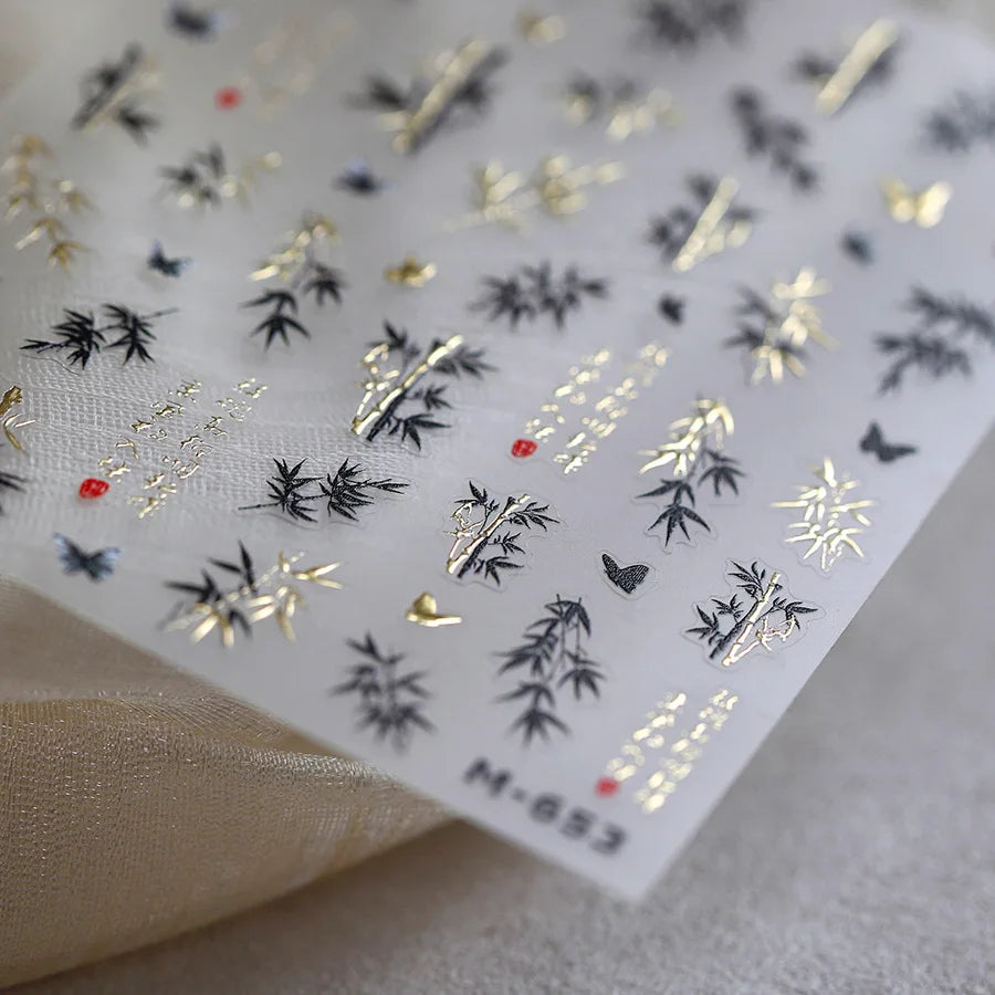 Antique Bamboo Leaf Hot Stamping Plant Botany Calligraphy Characters Self Adhesive Nail Art Stickers Rhinestone Manicure Decals (ONLINE ORDER ONLY)