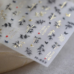 Antique Bamboo Leaf Hot Stamping Plant Botany Calligraphy Characters Self Adhesive Nail Art Stickers Rhinestone Manicure Decals (ONLINE ORDER ONLY)