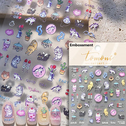 White Halo Dyeing Cat Face Cup Black Orange Toy Umbrella Love Heart Kitty Cake Embossed Relief Nail Art Stickers Manicure Decals (ONLINE ORDER ONLY)