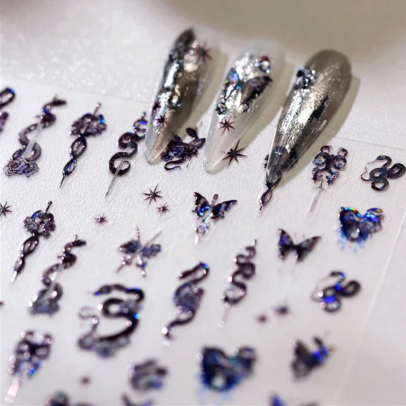 Dark Sword Coiled Snake Cross Butterfly Wing Starburst Starlight Gothic Reptile Animals Nail Art Sticker Festival Manicure Decal (ONLINE ORDER ONLY)