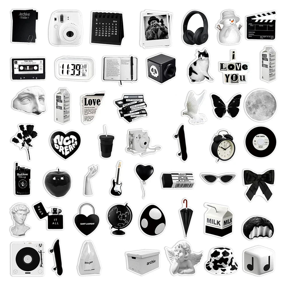 10/30/50PCS Ins Style Simple Black White Stickers Cute Decals DIY Phone Suitcase Luggage Fridge Helmet Graffiti Cartoon Sticker (ONLINE ORDER ONLY)