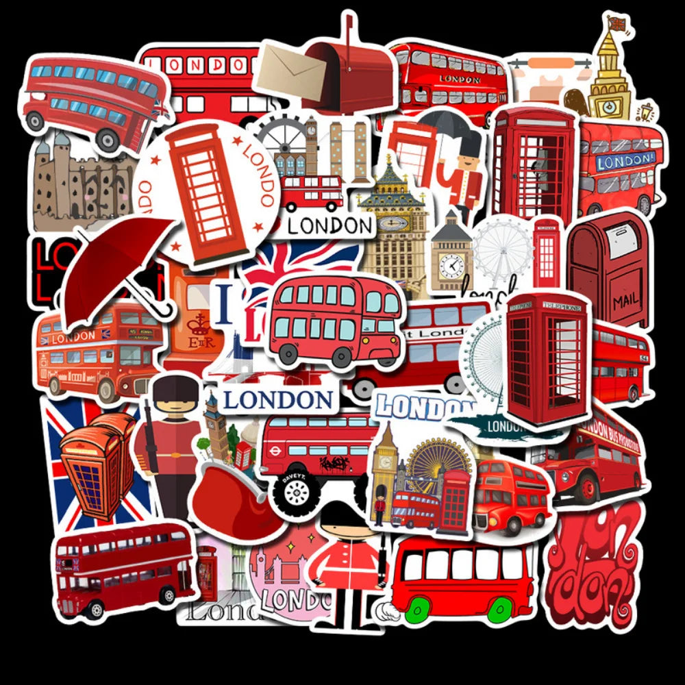 50Pcs/Lot Waterproof London Red Bus Telephone Booth PVC Stickers For Laptop Motorcycle Skateboard Luggage Decal Toy Sticker (ONLINE ORDER ONLY)