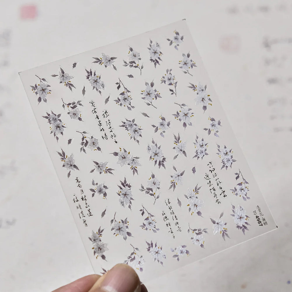 Trumpet Creeper White Flower Purple Leaves Antique Special Characters 5D Soft Relief Adhesive Nail Art Stickers Manicure Decals (ONLINE ORDER ONLY)