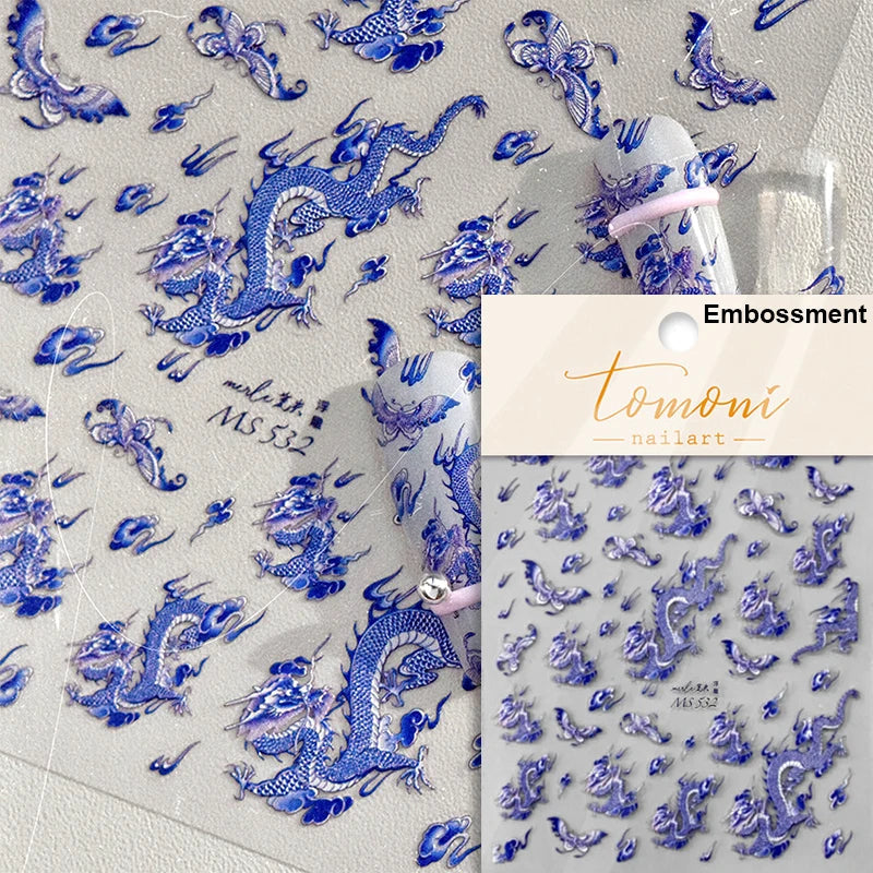 Retro Embroidered Dragon Red Pink Blue White Porcelain Chinese 3D Embossed Relief Self Adhesive Nail Art Stickers Manicure Decal (ONLINE ORDER ONLY)