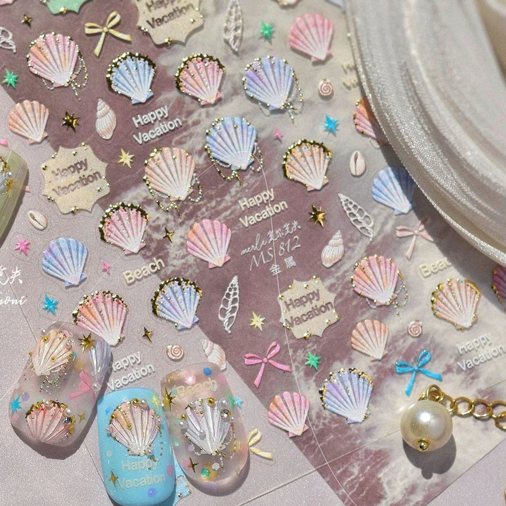 Hot Stamping Laser Shell Conch Starfish Pearl Whale Coral Dolphin Summer Beach Sea Wave Jellyfish Bubble Nail Art Stickers Decal (ONLINE ORDER ONLY)