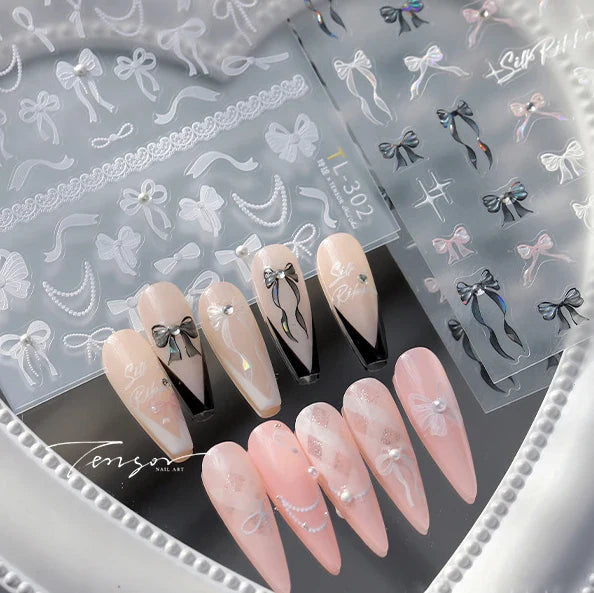 White Black Pink Bowknot Lace Star Pearl Tassel Pendant Shiny 5D Embossed Relief Self Adhesive Nail Art Stickers Manicure Decals (ONLINE ORDER ONLY)