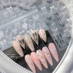 White Black Pink Bowknot Lace Star Pearl Tassel Pendant Shiny 5D Embossed Relief Self Adhesive Nail Art Stickers Manicure Decals (ONLINE ORDER ONLY)