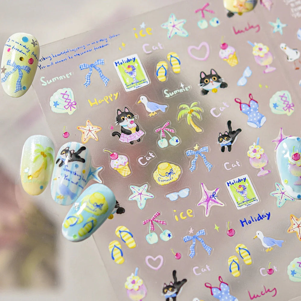 Summer Beach Bikini Watermelon Hat Sandals Ice Cream Shell Conch Starfish Cat Duck Nail Art Decoration Stickers Manicure Decals (ONLINE ORDER ONLY)