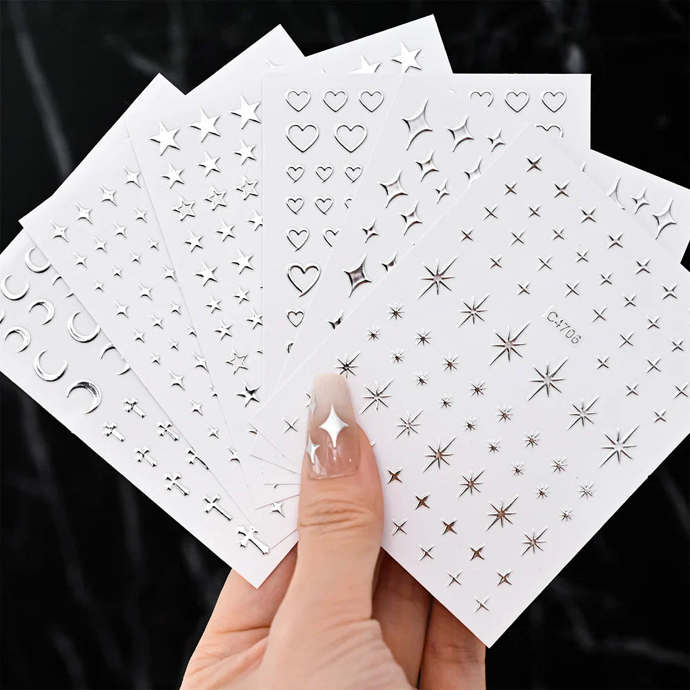 6pcs Mirror Silver Star 3D Nail Sticker Holographic Heart/Moon/Cross Design Self-Adhesive Decal Manicure Art Supplies Decoration (ONLINE ORDER ONLY)