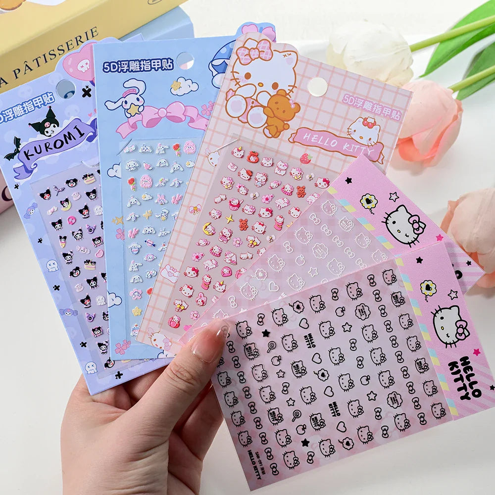 1pc 5D Cartoon Nail Art Stickers Waterproof Matte Finish with Kuromi, Cinnamoroll & Hello Kitty Designs Perfect for DIY Manicure (Online Order Only)