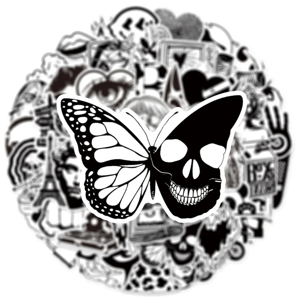 50pcs Graffiti Black and White Art Styling Stickers Laptop Luggage Phone Case Guitar Fridge Car Motorcycle Cool Ins Decals (Online Order Only)