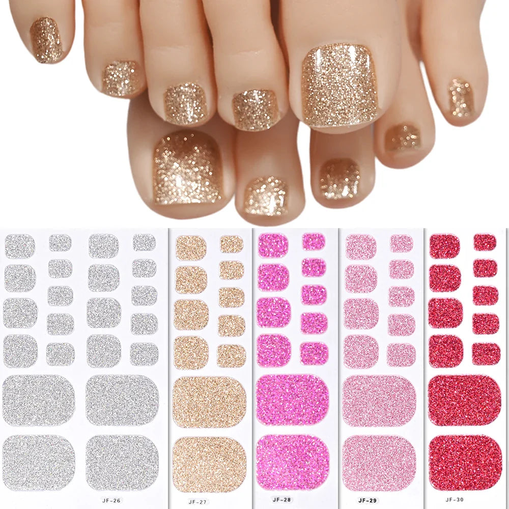 22Tips Pink Red Glitter Design Baking-free Toenail Stickers Solid Color Adhesive Full Cover Toe Nail Strip Slider Manicure Decal (ONLINE ORDER ONLY)