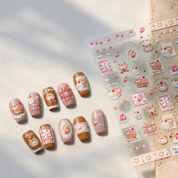Sweet Dessert Cute Bear Cake Apple Flower Strawberry Jam Lace Line Bear Footprints Adhesive Nail Art Stickers Manicure Decals (ONLINE ORDER ONLY)