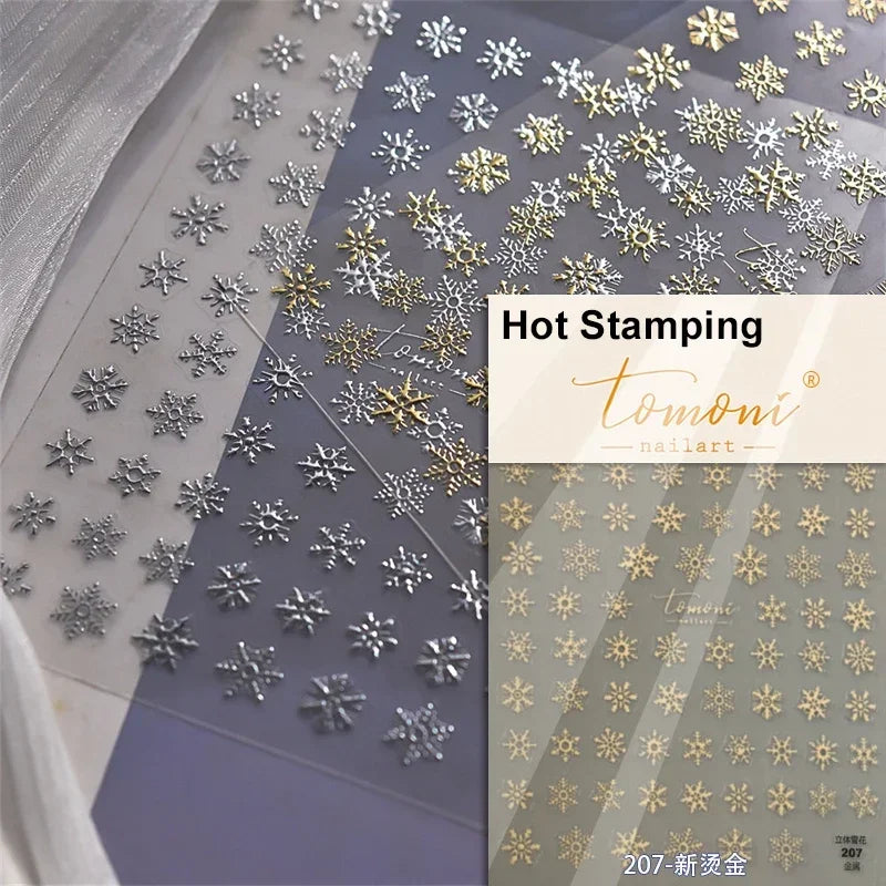 Shiny White Pink Blue Gold Snowflakes Hexagon Water Bubbles Winter 5D Self Adhesive Nail Art Stickers Rhinestone Manicure Decals (ONLINE ORDER ONLY)