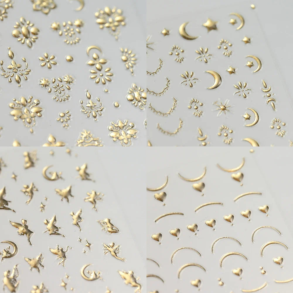 4pcs/Set Elf/Fairy Jelly Gold Nail Art Sticker Sun/Moon/Star Geometric Embossed Reliefs Self Adhesive Nail Decal Manicure Design (Online Order Only)
