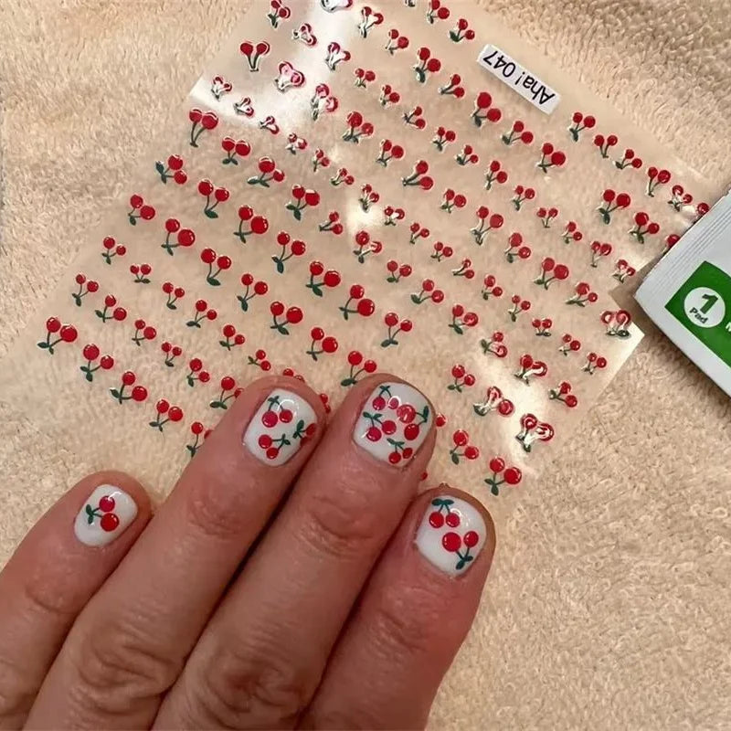 1Pc Sweet Cute Fresh Red Cherry Pattern Nail Stickers Self Adhesive Fruit Design Decals Women & Girls Homemade Manicure Supplies (ONLINE ORDER ONLY)