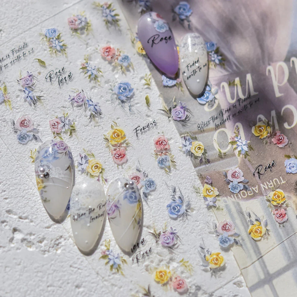 Watercolor Style Rose Flower Colored Rosa Chinensis 3D 5D Flat Reliefs Charming Self Adhesive Nail Art Stickers Manicure Decals (ONLINE ORDER ONLY)