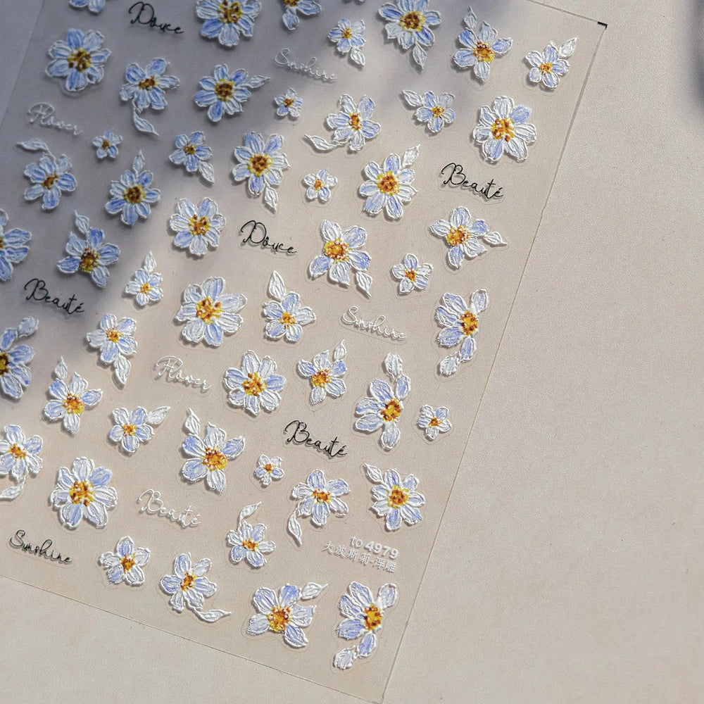Flowers in Bloom Cosmos Chrysanthemum Daisy White Petal Yellow Stamen Self Adhesive Nail Art Decorations Sticker Manicure Decals (ONLINE ORDER ONLY)
