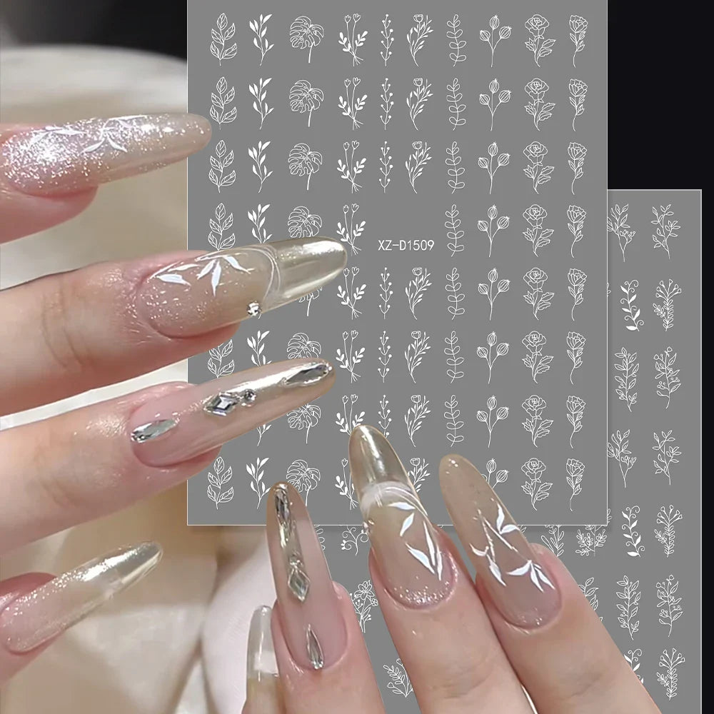 12PCS White Flowers Leaves 3D Nail Stickers Star/Moon/Sun Nail Art Decoration Decals Geometric Flower Stickers Nail Art Supplies (ONLINE ORDER ONLY)