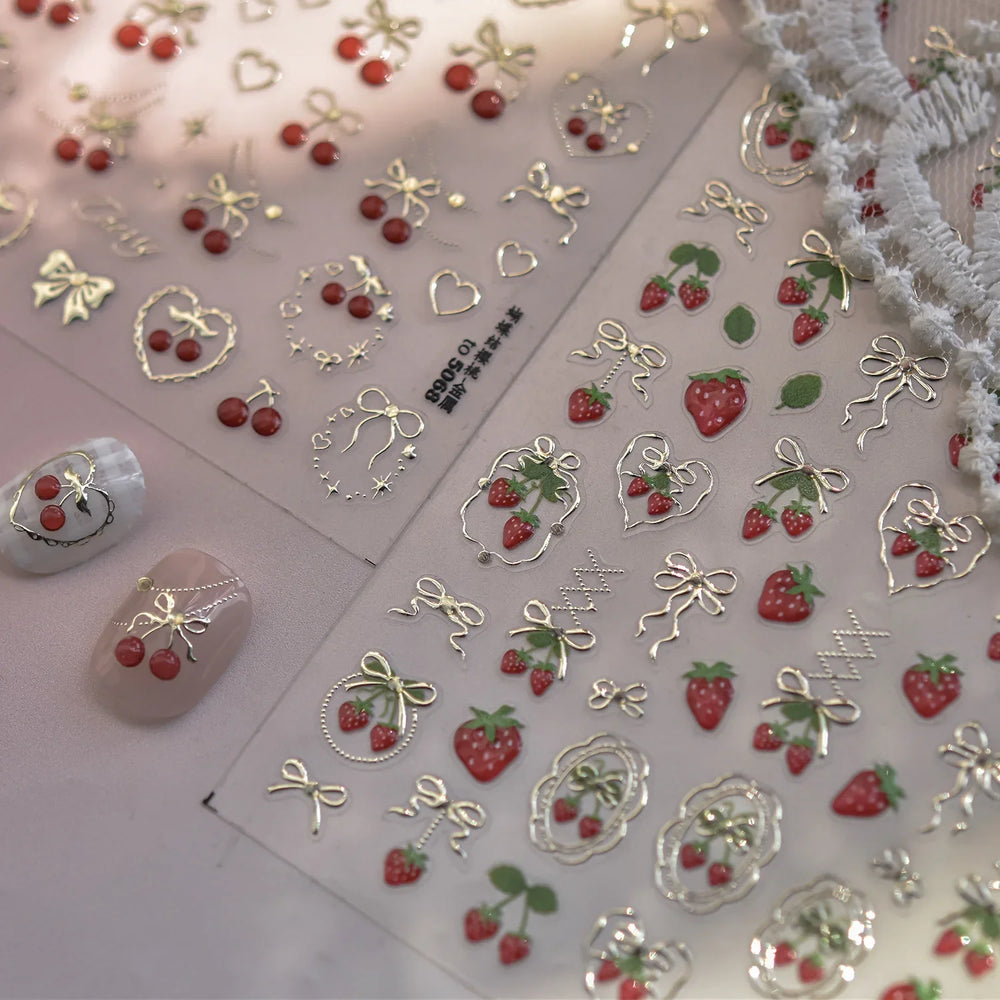 Lovely Red Fruit Strawberry Cherry Bowknot Love Heart Star Silk Ribbon Chic Rhinestone Adhesive Nail Art Stickers Manicure Decal (ONLINE ORDER ONLY)