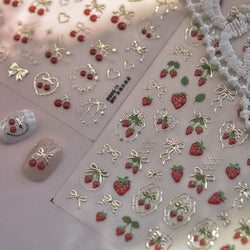 Lovely Red Fruit Strawberry Cherry Bowknot Love Heart Star Silk Ribbon Chic Rhinestone Adhesive Nail Art Stickers Manicure Decal (ONLINE ORDER ONLY)