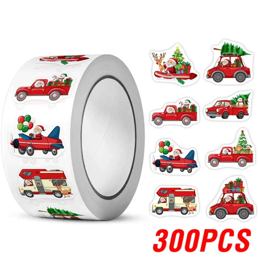 100-500pcs Heterotypic Christmas Themed Santa Claus Transportation Stickers 8 Designs 2.5 cm/1 inch DlY Graffiti Holiday Labels (Online Order Only)