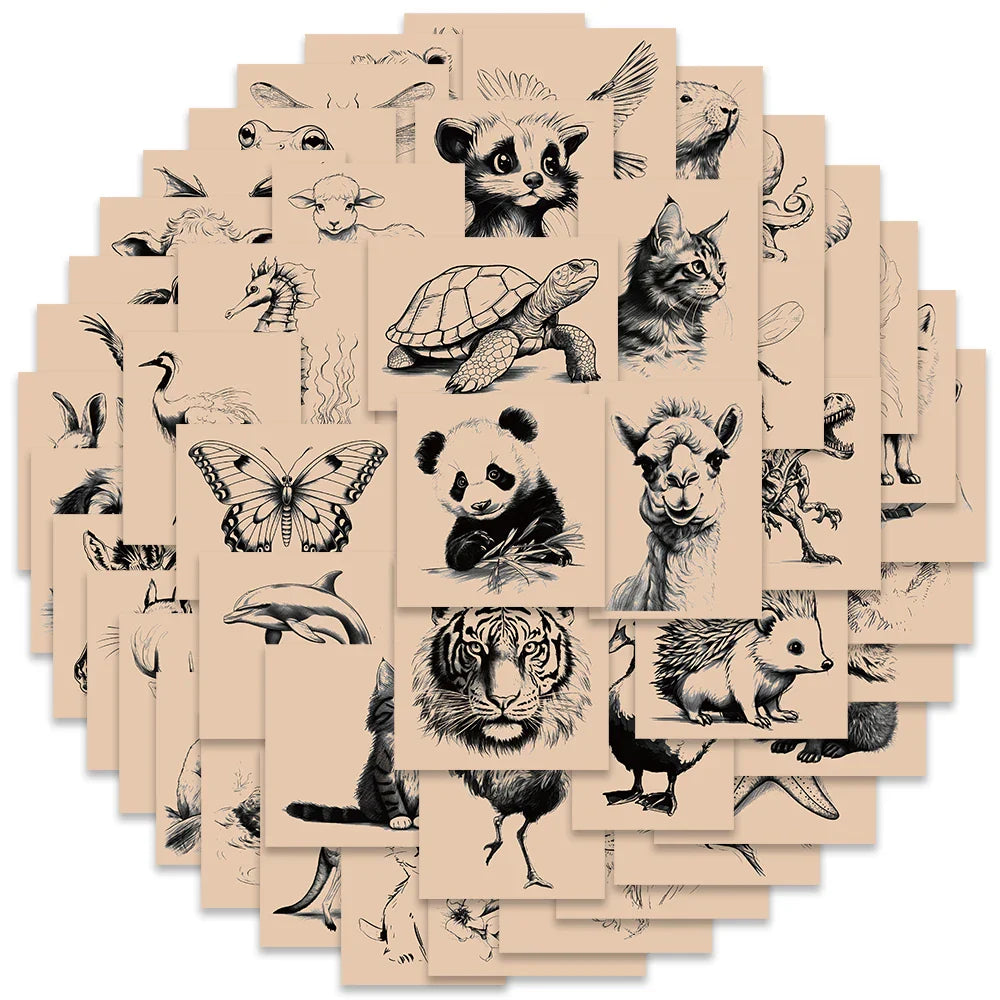 50pcs Retro Cartoon Animals Sketching Aesthetic Stickers For Laptop Phone Guitar Luggage Waterproof Graffiti Vinyl Decals (ONLINE ORDER ONLY)