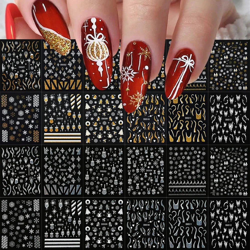 1pc Christmas Nail Sticker 3D Gold Glitter Snowflake Elk Penguin Bells Design Adhesive Nail Slider Decals Winter Manicure Decor* (Online Order Only)