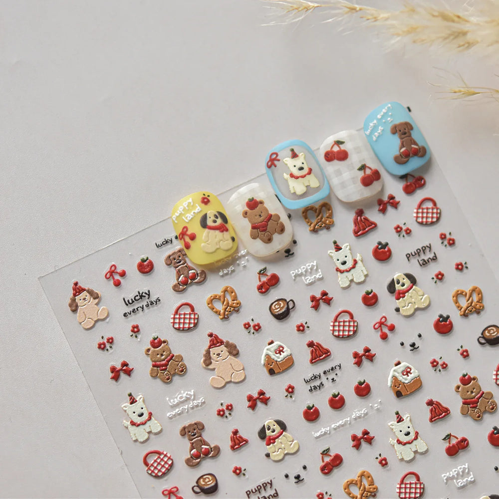 Cute Bowknot Dog Puppy Bear Strawberry Cake Fruit Juice Coffee Desserts Corgi Cherry Adhesive Nail Art Stickers Manicure Decals (ONLINE ORDER ONLY)