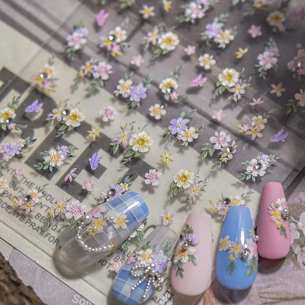 Flower Garden Purple Yellow Pink Daisy Butterfly Delicate 5D Soft Relief Adhesive Nail Art Decoration Sticker 3D Manicure Decals (ONLINE ORDER ONLY)