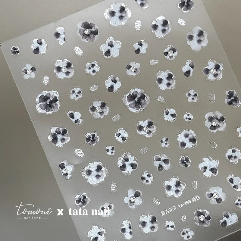 Retro Flowers Petal Pearl Rhinestones Halo Dyeing Chic Daisy Vintage Gold Foil  Floral Designs Nail Art Stickers Manicure Decals (ONLINE ORDER ONLY)