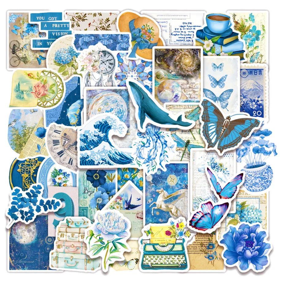 Retro Blue Aesthetic Art Stickers for Scrapbooking, Luggage, Water Bottle, Phone, Laptop, Guitar Decals (10/25/50pcs) (ONLINE ORDER ONLY)