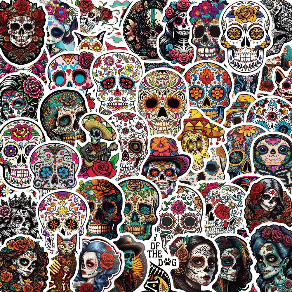 50pcs Mexican Day of the Dead Graffiti Sticker Skateboard Suitcase Guitar Kettle Deco Laptop Waterproof Phone Case Stickers (Online Order Only)