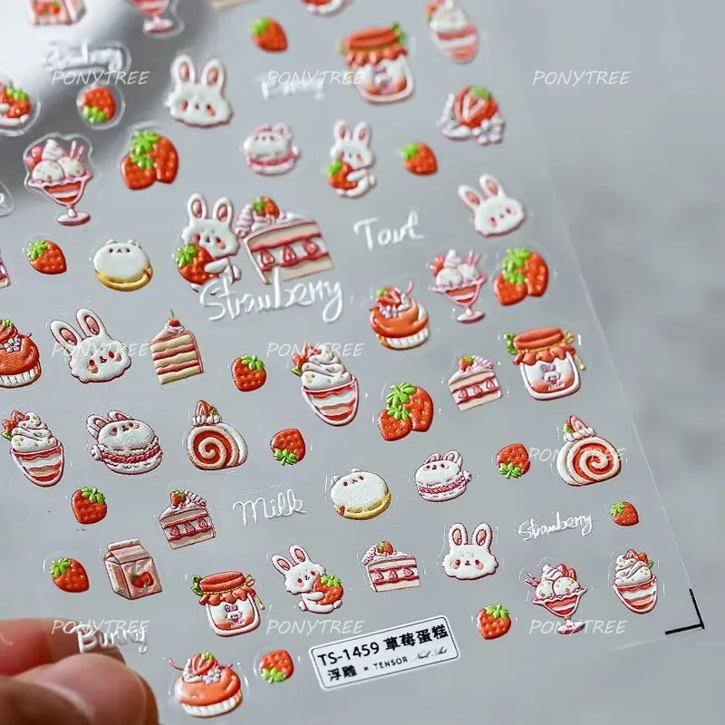 Cute Rabbit Fan Peach Blossom Teacup Lollipop Strawberry Star Cherry Hat Soft Embossed Adhesive Nail Art Stickers Manicure Decal (ONLINE ORDER ONLY)
